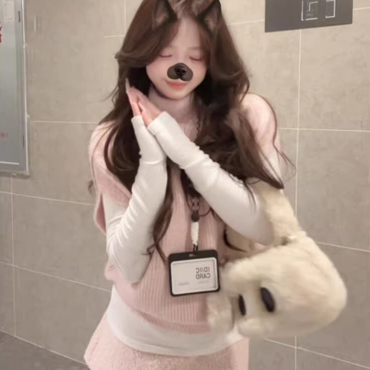 Korean Style Super Pretty Pink Turtleneck Sleeveless Sweater for Women, Winter Lazy Pullover Layered Knit Vest Top
