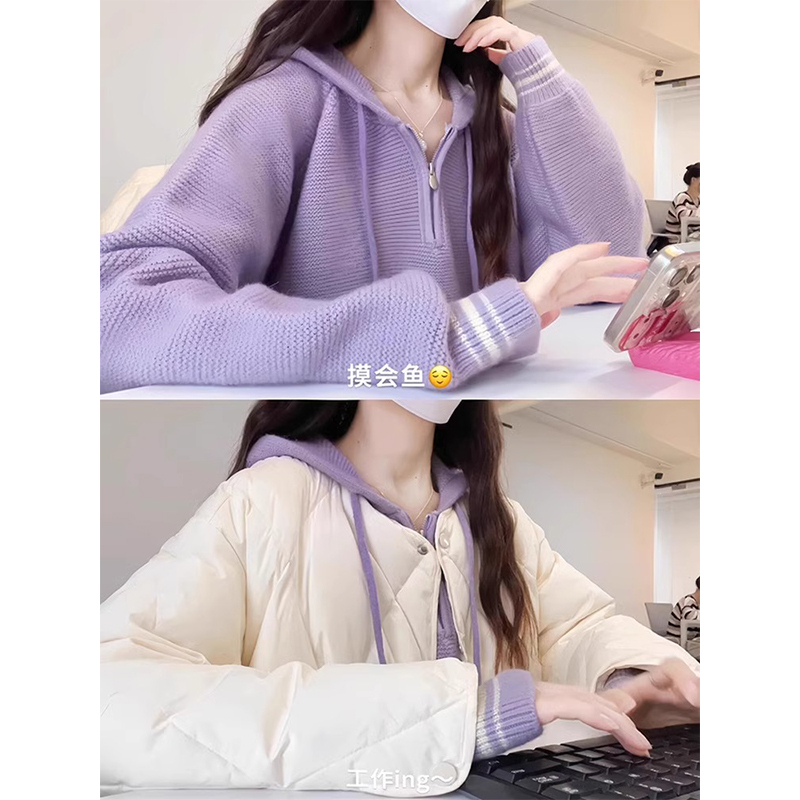 Purple Zippered Hooded Knit Sweater, Soft and Cozy Women's Sweater, 2024 New Autumn and Winter Style, Suitable for Outerwear or Layering, Gentle Top