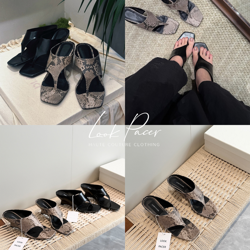 Look Pacer 26S Sculptural Retro Square-Toe Imported Lambskin Kitten Heel Thong Mule Slippers for Women