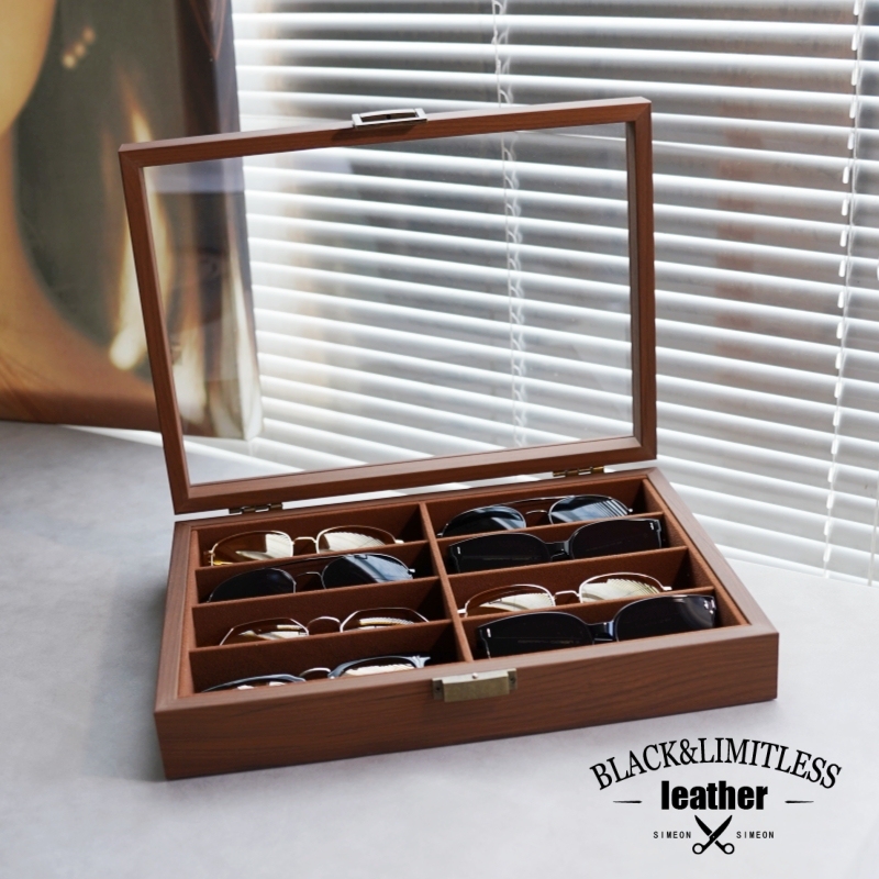 8-Slot Black Walnut Wood Grain Eyewear Storage and Display Box, High-End Multi-Compartment Sunglasses Storage Box for Home Use