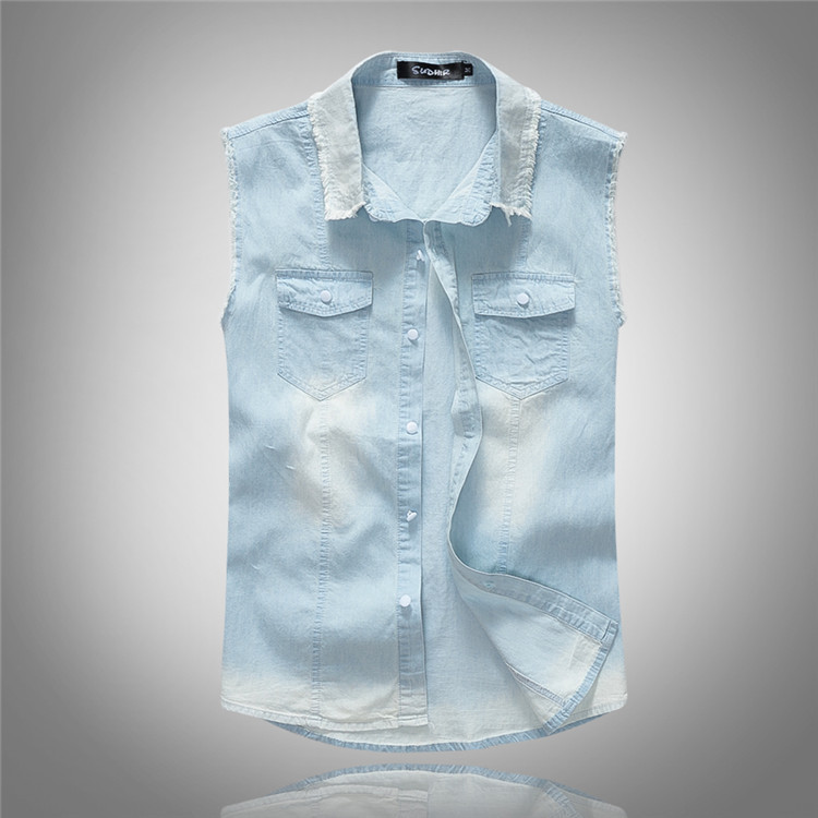 Summer Thin Korean Style Slim Fit Denim Vest Men's Large Size Vest Light Blue Cotton Casual Sleeveless Shirt