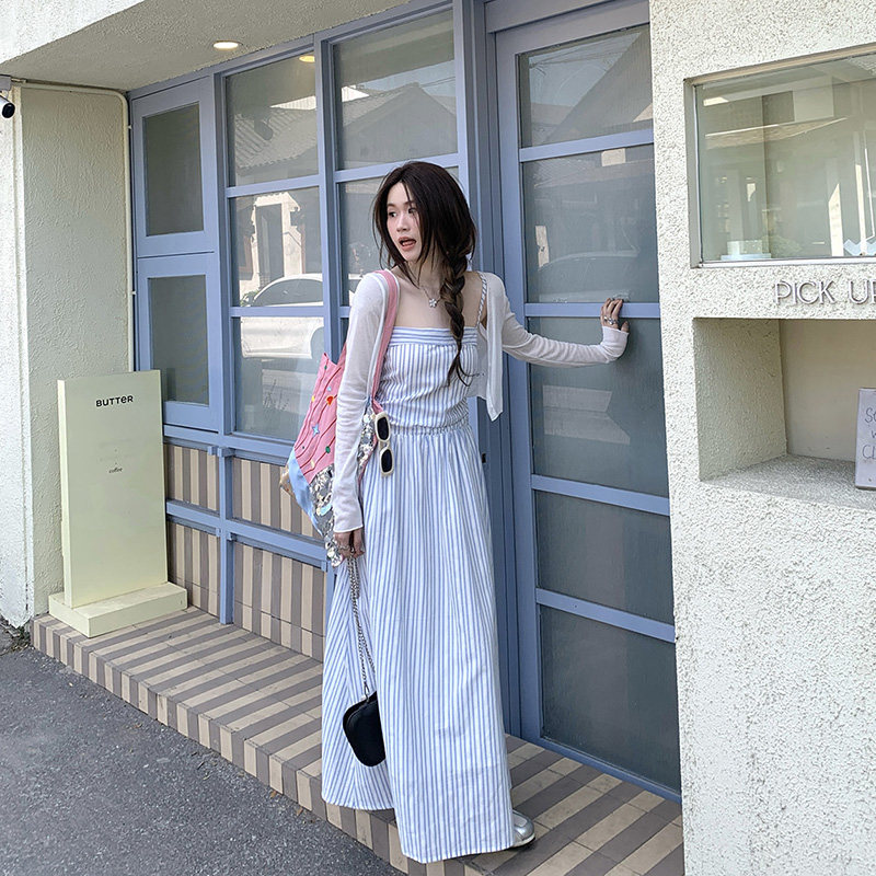 Plus-Size Blue Striped Spaghetti Strap Dress 2026 Spring/Summer Waist-Cinching Slimming Vacation Style A-Line Long Dress