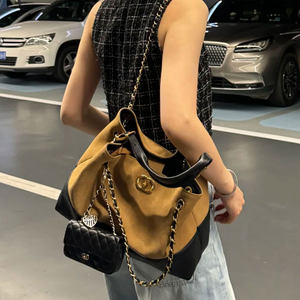 Tweed Style 25A Suede Bag Patchwork Tote Bag Long Leather Shoulder Strap Hobo Bag Chain Bucket Bag Single Shoulder Crossbody Bag