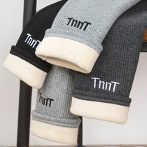 Vertical stripe grey pure cotton beating bottom pants woman autumn winter plus suede thickened outside wearing high waist large code tight body warm cotton pants woman