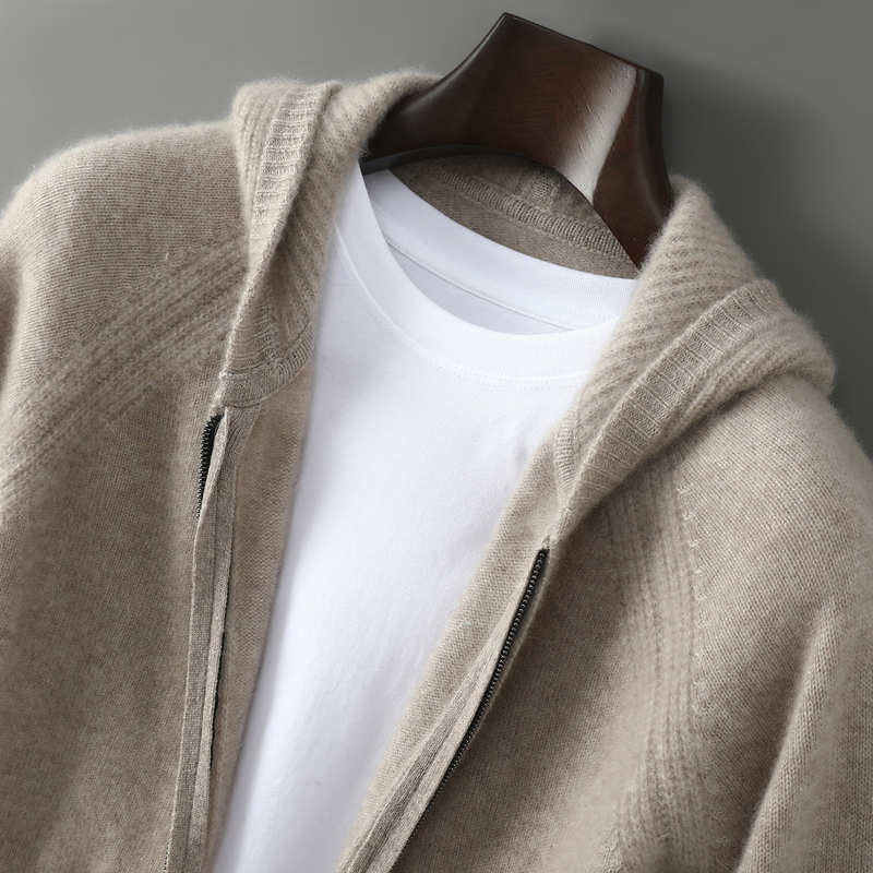 25 New Winter Style Hooded Zipper 100% Pure Wool Cardigan Men's Loose Casual Knitted Thickeneded Sweater Jacket