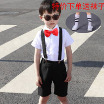 Flower Boy Acting Out Boy White Short Sleeve Shirt Western Pants Black Shorts Suit Red Collar Knot Performance Clothes Children Gown