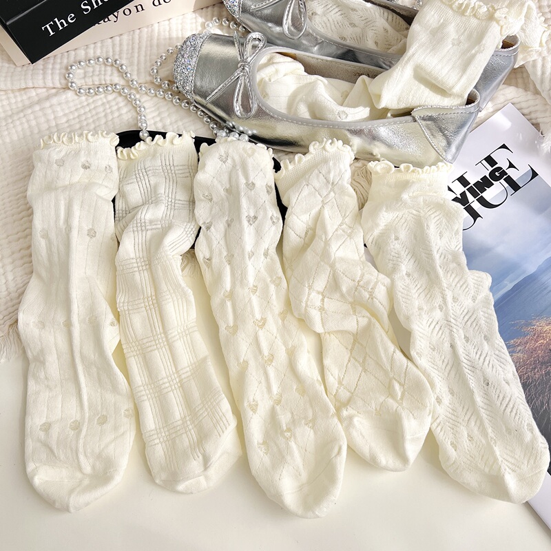 White Socks with Mary Jane Ballet Style, Stacked Socks, Solid Color, Simple, Trendy, Breathable, Sweat-Absorbent, Mid-Calf Socks, Glass Silk