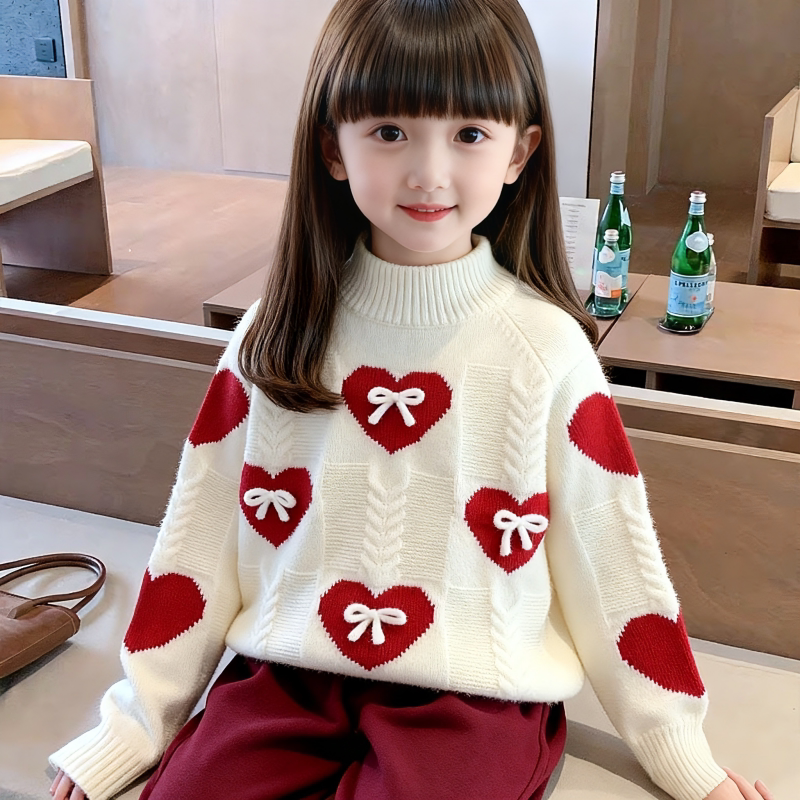 Girls' Sweater Autumn and Winter 2025 New Style Little Girls' Thickened Knitwear for Older Children, Fashionable Fleece-Lined Base Shirt for Kids