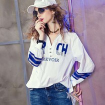 2020 Spring and Autumn New Large Size Womens Korean Letter Print V-Collar White European Loose Long Sleeve Shirt Womens Tide