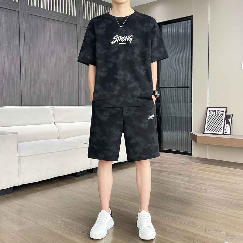 Romon Ice Silk Tie-Dye Casual Suit Men's Short-Sleeved T-Shirt Summer Thin Breathable Sports Shorts Two-Piece Set Trendy