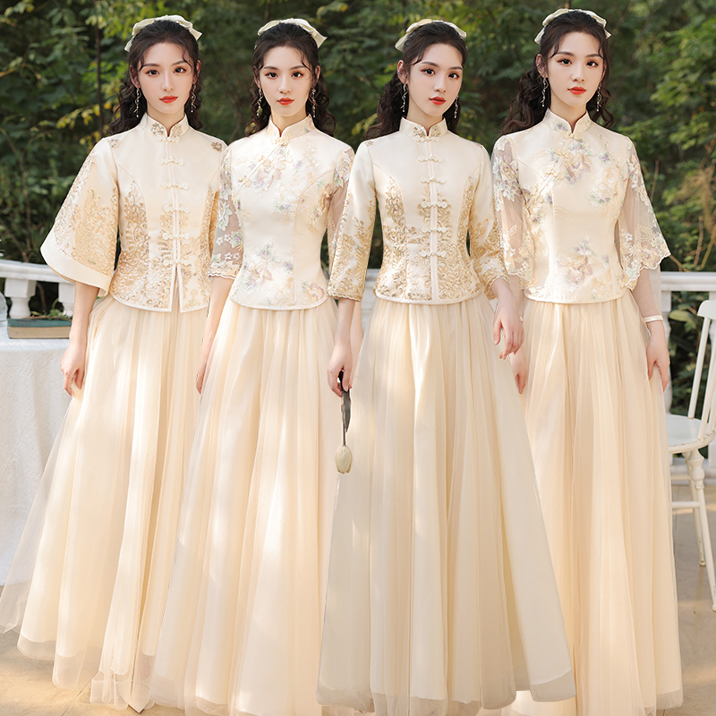 Chinese-Style Bridesmaid Dress for Women, Champagne Color, 2026 New Style, Wedding Retro Sister Group, Niche Elegant, Slimming Evening Dress, Winter Chinese-Style Bridesmaid Dress for Women, Champagne Color, 2026 New Style, Wedding Retro Sister Group, Niche Elegant, Slimming Evening Dress, Winter