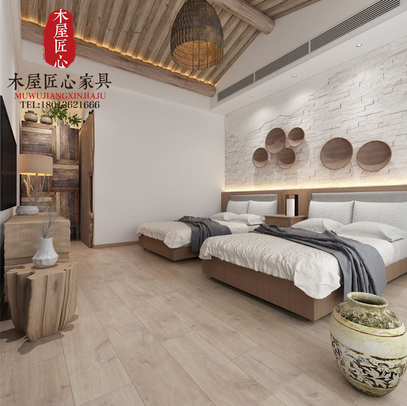 New Chinese Zen Hostel Inn High End Hotel Resort Solid Wood Single Bed 1 2 m sample furniture customized