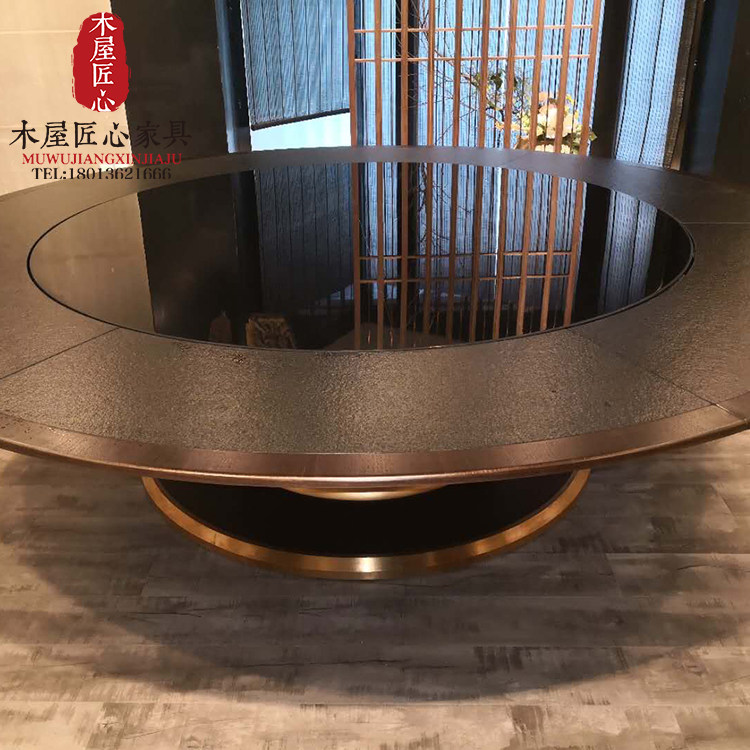 New Chinese solid wood electric dining table flamed stone tempered glass large round table 15 people 20 people hotel banquet hotel