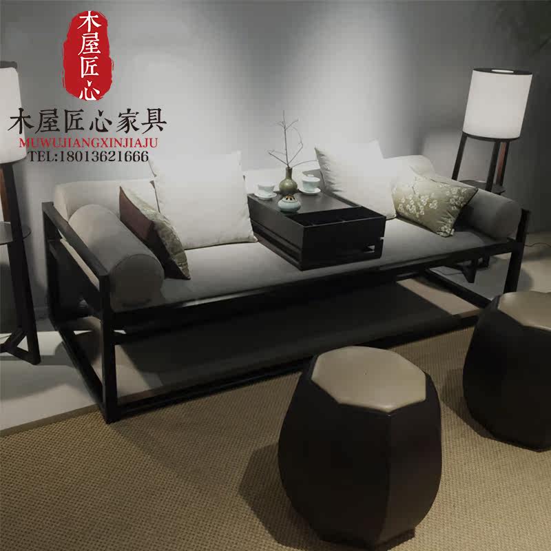 New Chinese solid wood sofa combination double leisure sofa neoclassical Zen model room club living room furniture