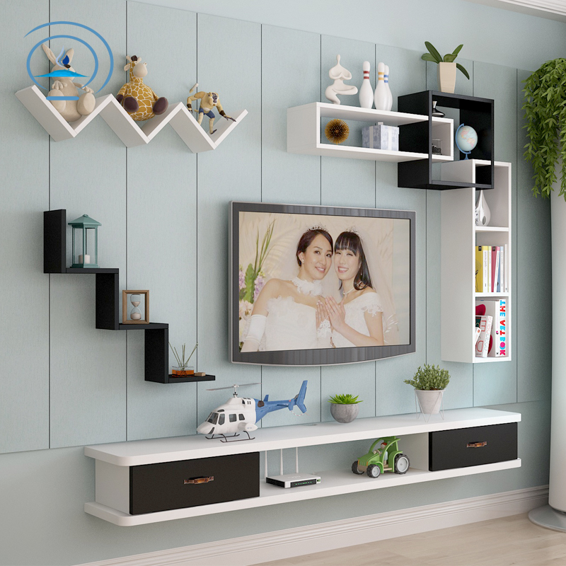 Solid wood TV cabinet Wall hanging combination Modern Chinese living room background wall cabinet decorative shelf wall cabinet Wall hanging cabinet