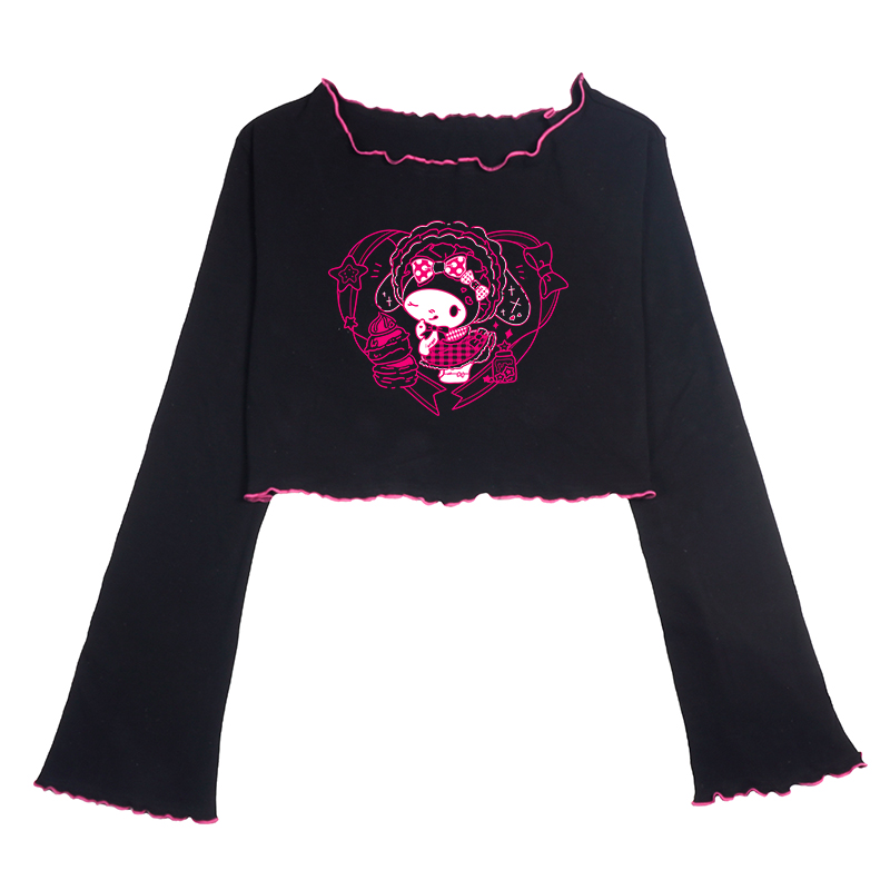 Black [Melody]allbubble Kulomi Little devil printing have cash less than that is registered in the accounts lace Long sleeve T-shirt jacket