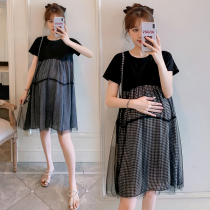 Maternity dress Plaid mesh splicing summer skirt High-end sense does not show the belly cover net red maternity dress summer dress