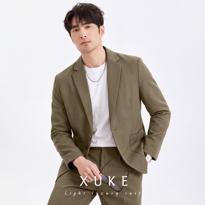 Men's Loose-Fitting Suit Set, Casual Korean Style, Stylish New Autumn Coffee-Colored Blazer, Long-Sleeved Engagement Suit