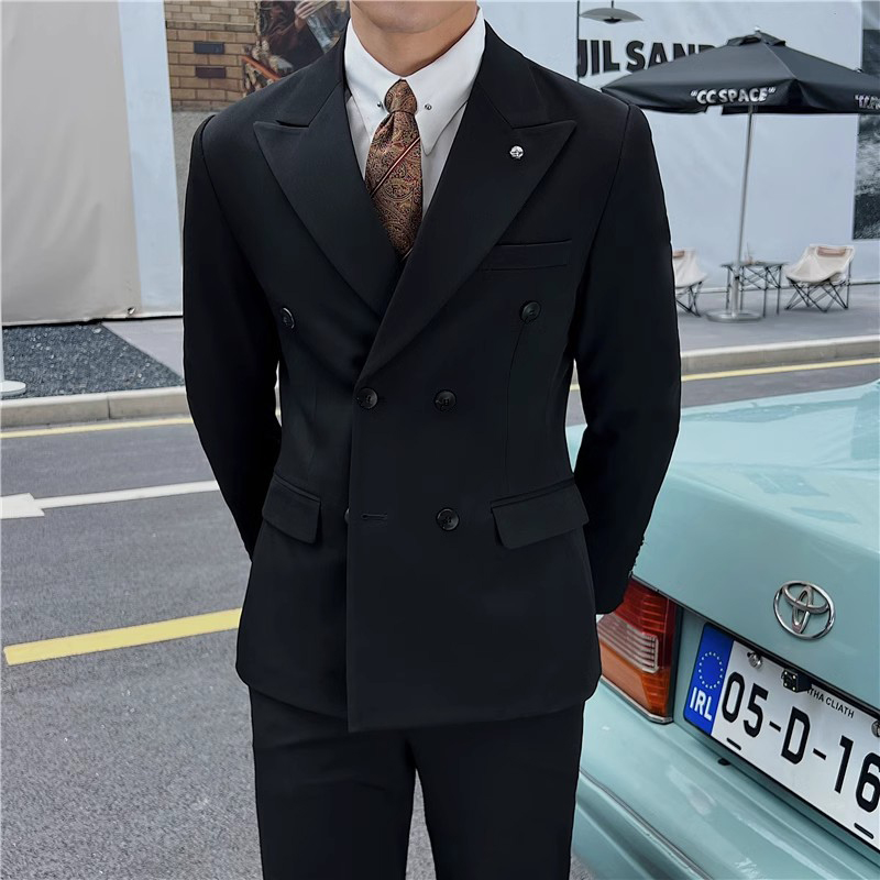男性用ダブルブレストスーツ、軽くて大人っぽいスタイル、スリムフィット、無地、ビジネスプロフェッショナルフォーマルウェア、新郎ウェディングドレススリーピーススーツ
