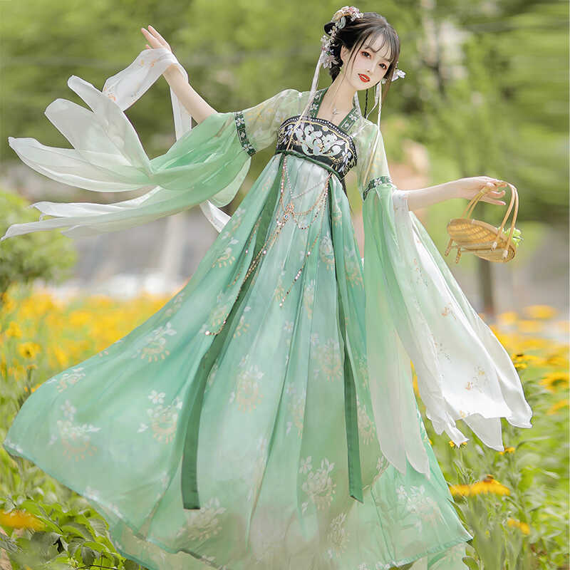 Original New Hanfu {Qinglian} Chinese Style Everyday Petal Sleeve Han Elements Best Friend Matching Chest-Length Skirt Summer and Autumn Set