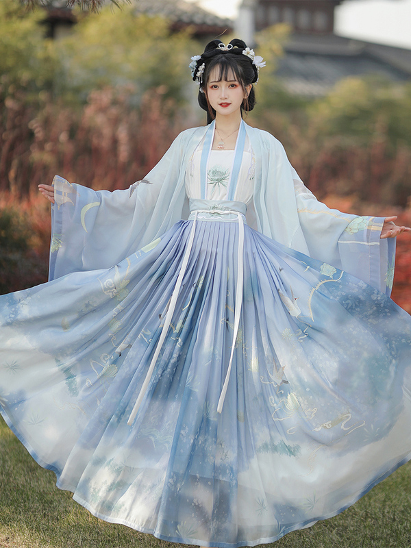 Original New Hanfu {Hanjiang Xue} Chinese Style Everyday Wear for Students and Friends, Printed Two-Tone Large Hem Skirt for Spring and Summer
