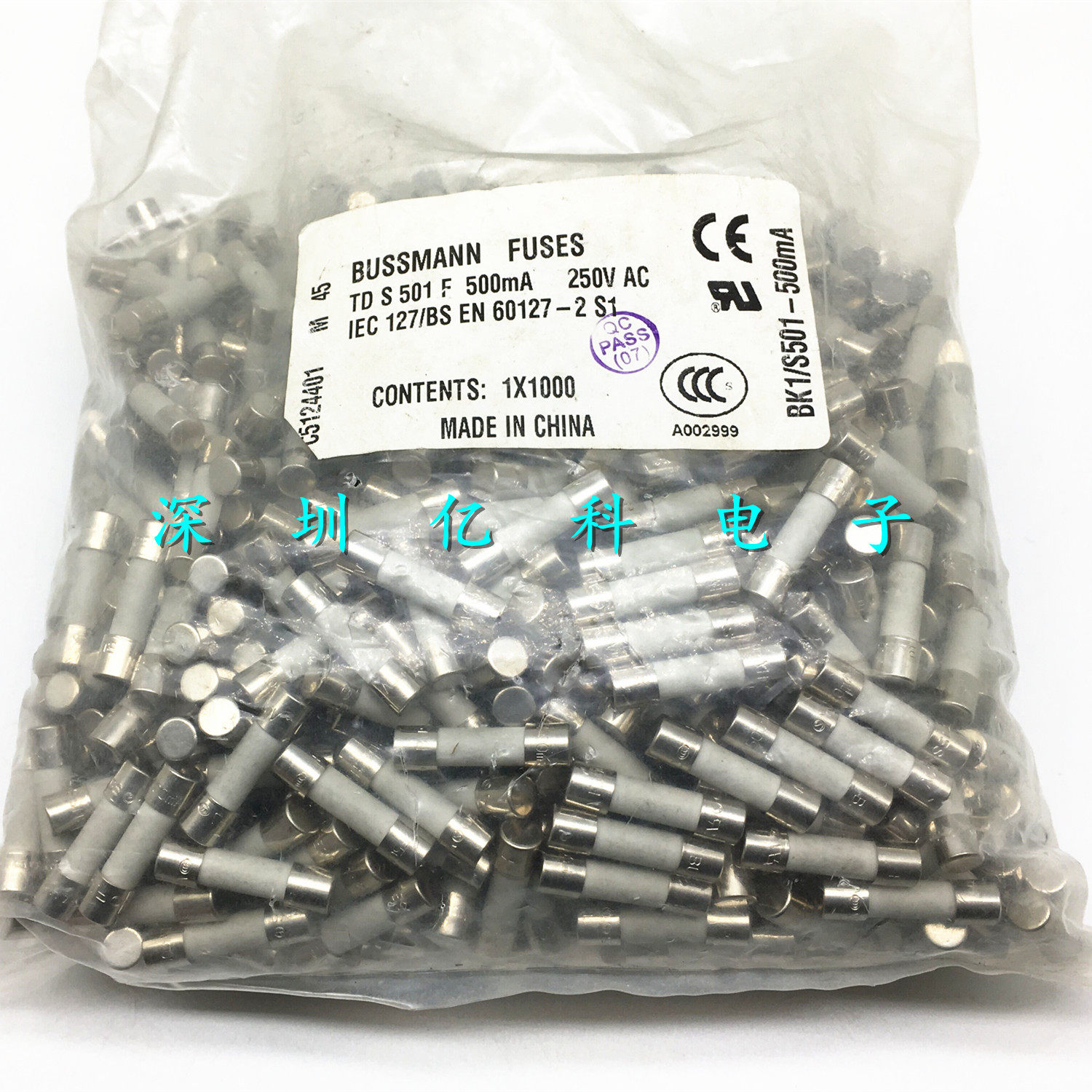 BK1/S501-500mA进口BUSS陶瓷保险丝管F500mAH250V 0.5A 快熔 5*20