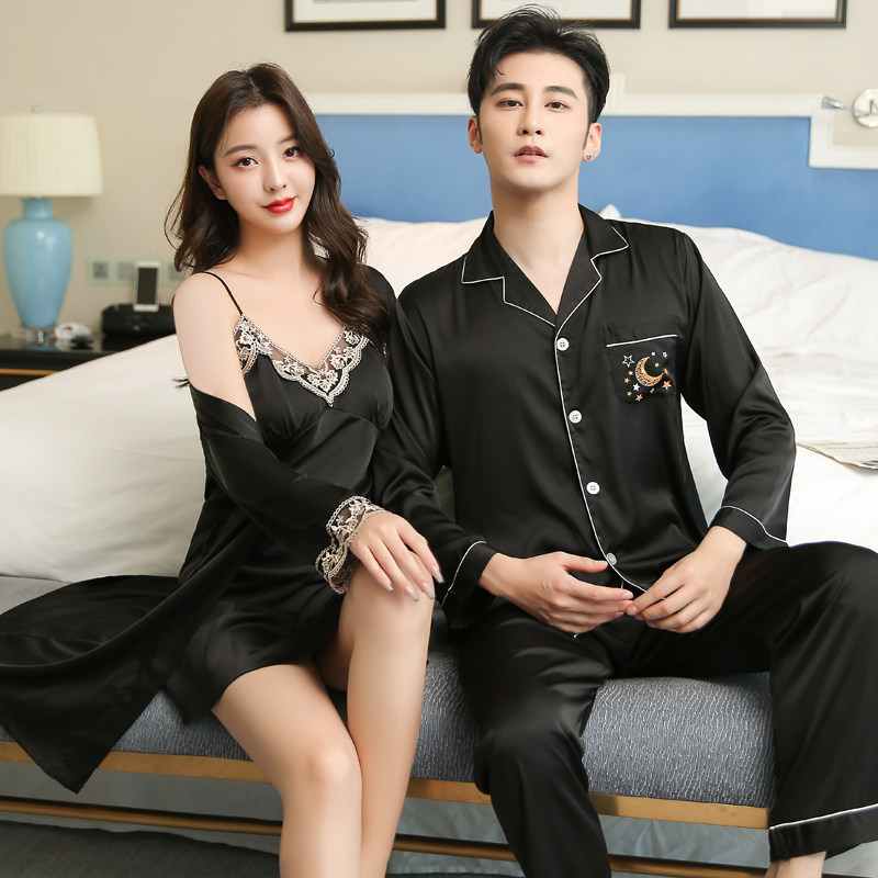 Couple pajamas women spring and autumn ice silk sexy nightgown Korean student men's home clothing nightgown two-piece suit