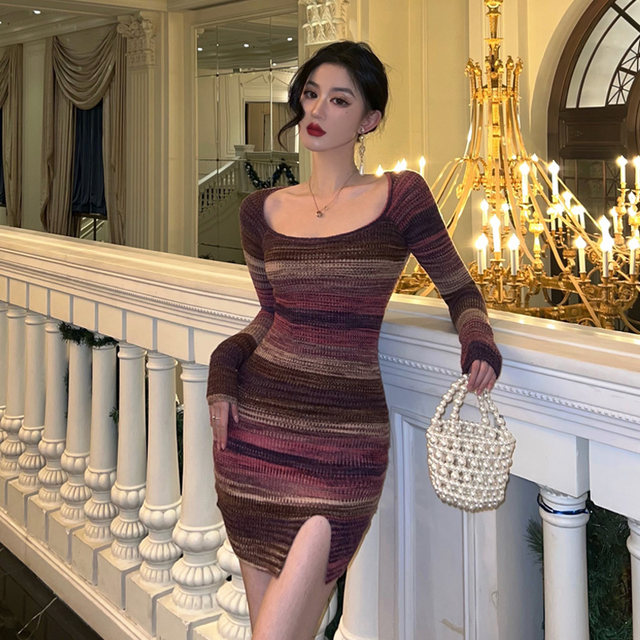 Sexy striped knitted dress women's spring and autumn contrast color design sense niche slim slimming slit bag hips pure desire wind