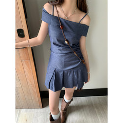 TRYOLO one-line neckline waisted pleated short slim slim suspender dress for women summer