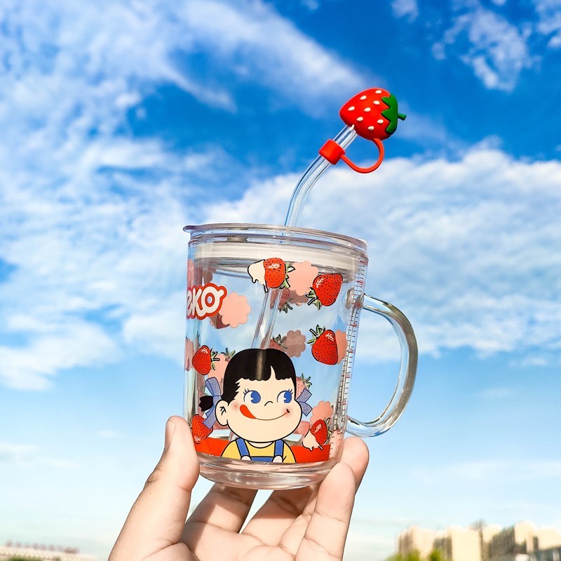 Home children's cute glass with handle scale cup juice straw cup student milk cup heat-resistant