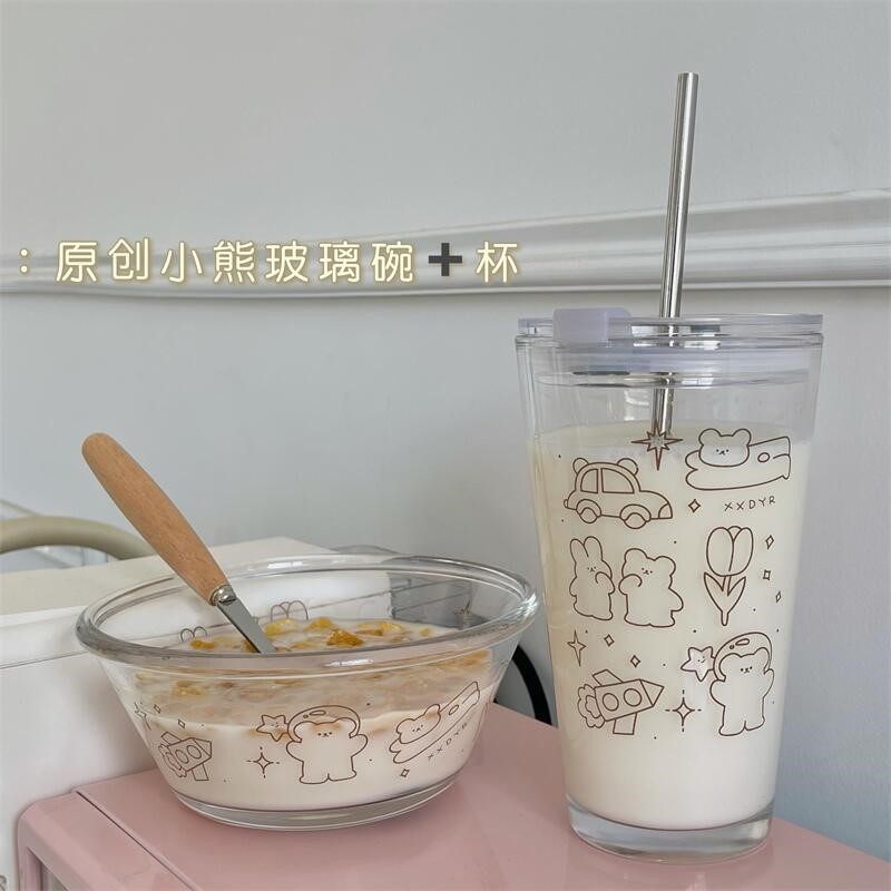 Ins wind original universe bear cute glass straw milk cup glass bowl dessert bowl breakfast bowl student