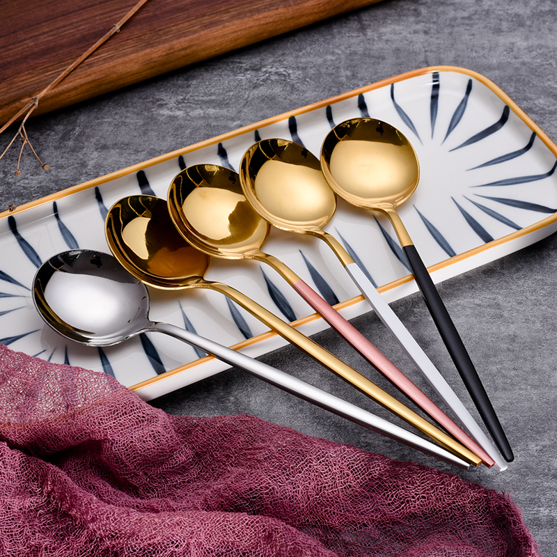 (6 packs) stainless steel spoon round long handle household adult spoon thickened spoon to eat student tableware
