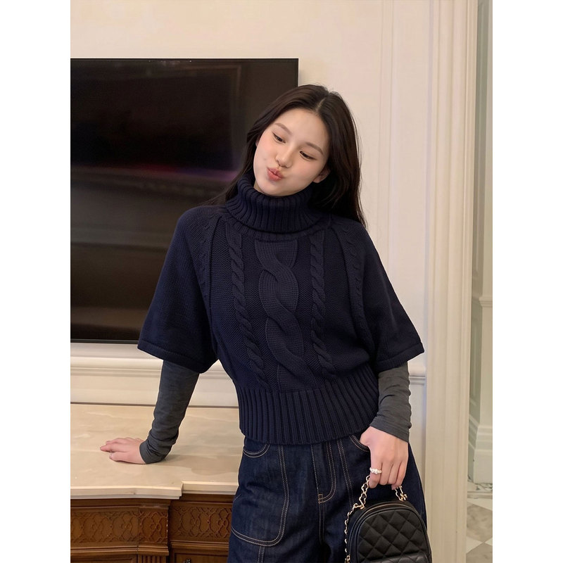 Navy Blue High-Neck Half-Sleeve Sweater for Women, 2026 New Style, Batwing Sleeve Cape Knit, Waist-Cinching Short Top for Autumn Navy Blue High-Neck Half-Sleeve Sweater for Women, 2026 New Style, Batwing Sleeve Cape Knit, Waist-Cinching Short Top for Autumn