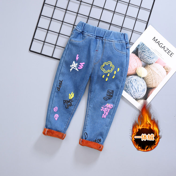 Mùa xuân và mùa thu bé trai quần jeans nam quần bé quần đơn của trẻ em cộng với nhung quần cotton dày.