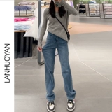 Ретро демисезонные прямые свободные джинсы, штаны, утепленные эластичные леггинсы, подходит для подростков, по фигуре, свободный крой