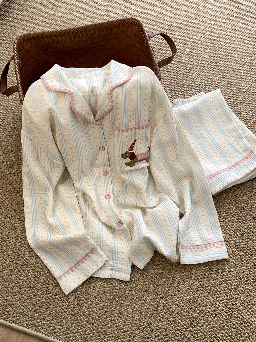 带胸垫月子服春秋季纯棉双层纱布吸汗孕妇产妇哺乳睡衣产后喂奶衣 — 1