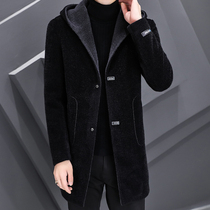 2022 new winter men's hooded woolen coat Korean casual long woolen coat autumn and winter men's clothing