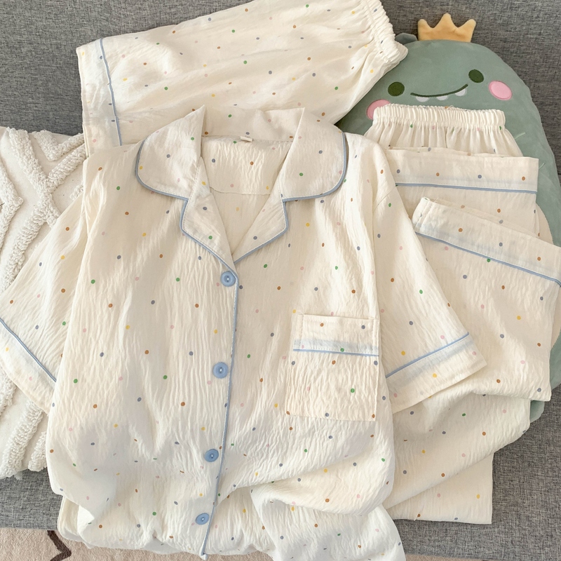 Cute and Soft Cotton Pajamas for Women, Spring and Summer Cloud-Patterned Pure Cotton Silk Gauze Short-Sleeve Large Size Loose-Fitting Home Wear Three-Piece Set Cute and Soft Cotton Pajamas for Women, Spring and Summer Cloud-Patterned Pure Cotton Silk Gauze Short-Sleeve Large Size Loose-Fitting Home Wear Three-Piece Set
