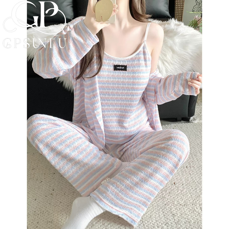 Japanese Gp Padded Pajamas for Women, Spring and Autumn Knitted Camisole Long-Sleeve Three-Piece Set, Color-Block Striped Loungewear Set