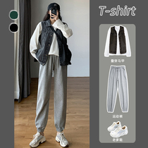 Autumn Winter Grey Sports Pants Women Loose Bunches Top Straight Drum High Waist Light Cage Pants Pure Cotton Display Slim Gush Casual Pants