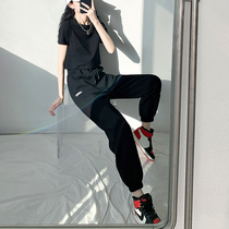 Sports pants female spring and autumn loose beams in tide black wear pants summer thin lantern cage casual pants