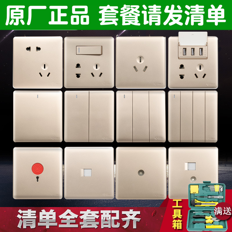 Bull Switch Socket Panel 86 Type Five Holes Power Wall Panel 5 Holes Socket G28 Rose Gold Large panel
