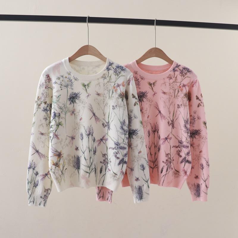 New Autumn and Winter Plant and Flower Print Pattern Round Neck Pullover Knitwear Base Sweater