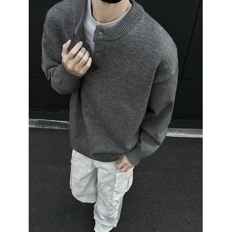 Clearance Sale American Retro Henley Collar Sweater Men's Long-Sleeve Jacket Trendy Brand High-End Knitwear