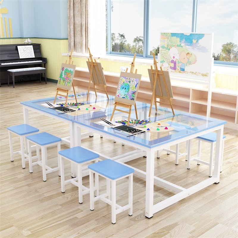 Primary school kindergarten desks and chairs student training table hand-painted art tempered glass desktop reading studio table