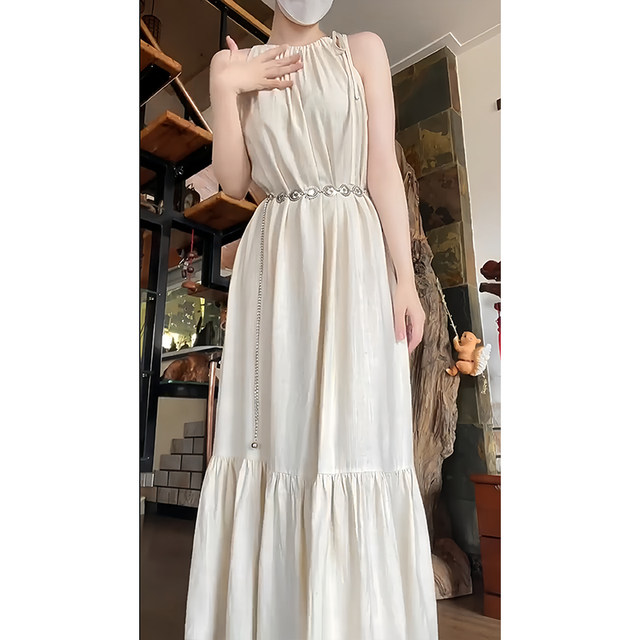 Halter neck cotton and linen dress for women Korean style loose waist temperament sleeveless lazy vacation simple suspender floor-length long skirt