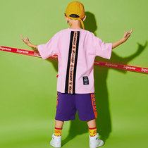 Hip-hop hip-hop suit boys trendy loose short-sleeved hiphop childrens handsome childrens hip-hop performance clothing