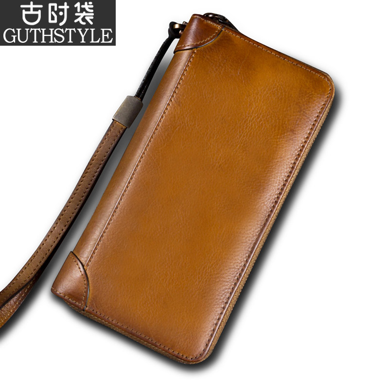 Retro Men's Handbags Handmade Leather Clips Male Top Layer Bull Leather Money Clip Men's Real Leather Wallet Men's Long Version Pull Chain Large Capacity