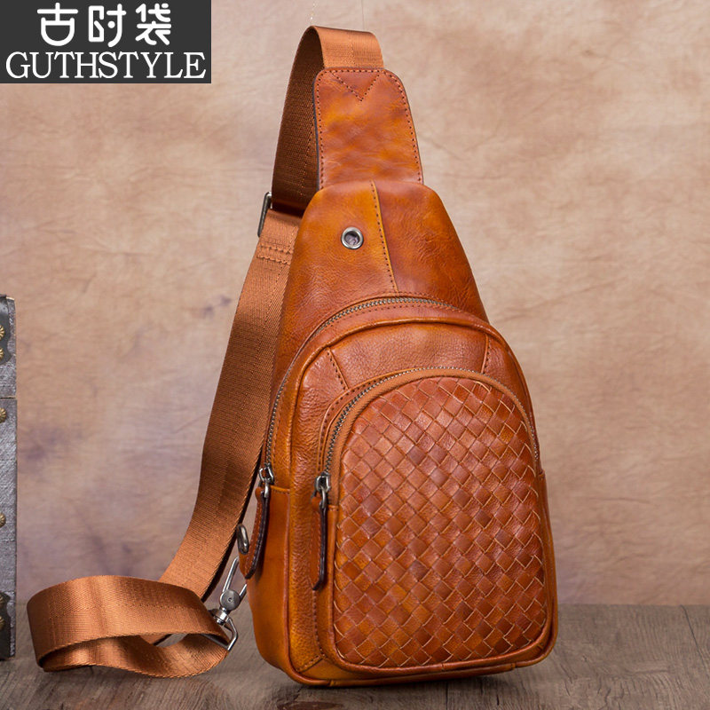 First layer cowhide braided men's bag handmade leather bag men's bag messenger bag shoulder bag retro chest bag men's genuine leather soft leather