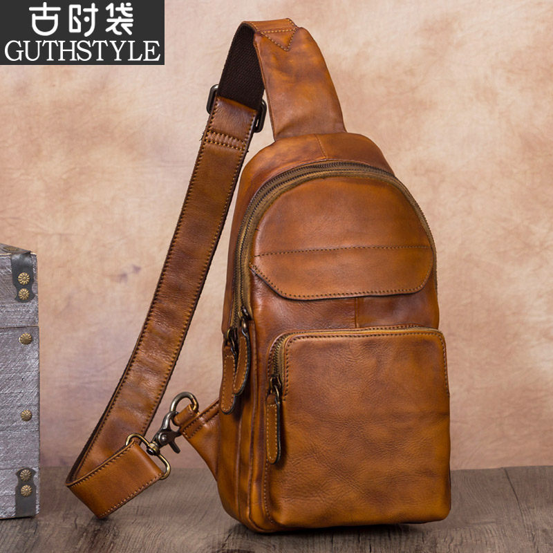 Retro Bag Handmade Leather Bag Men's Top Layer Cow Leather Single Shoulder Skewed Satchel Men's Chest Bag Men Genuine Leather Casual 2022 New